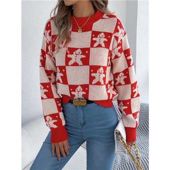 Christmas Checkerboard Gingerbread Round Neck Sweater - Picture 7 of 11